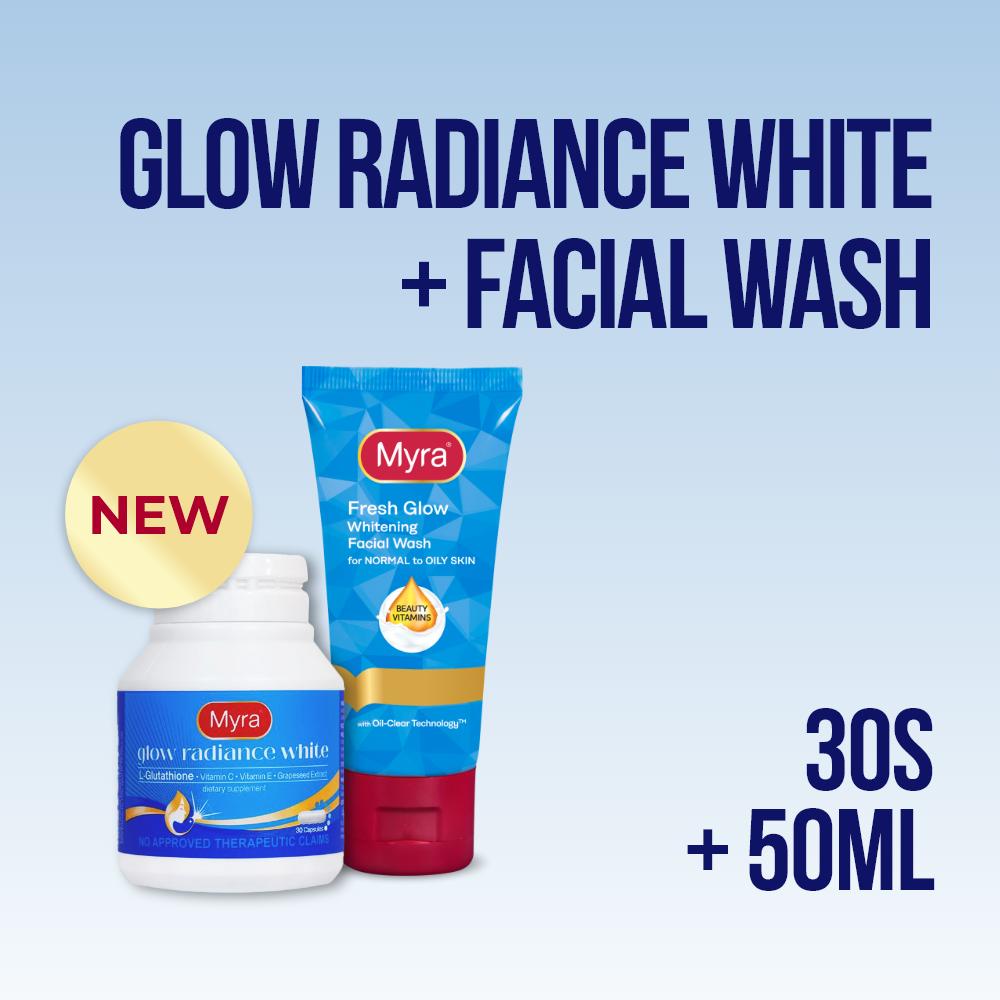 NEW Myra Glow Radiance White with L-Glutathione 30s + Myra Fresh Glow  Whitening Facial Wash 50ml