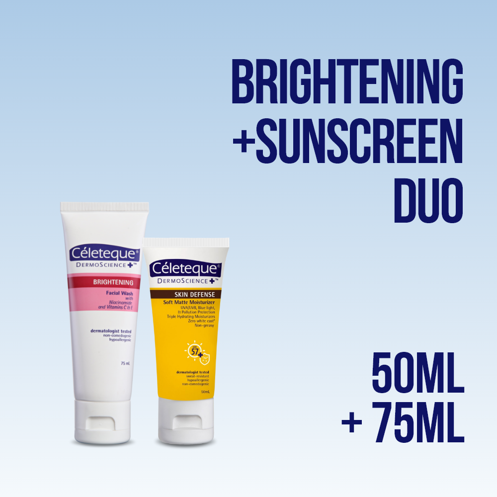 Céleteque® DermoScience™ Brightening + Sunscreen Duo (Facial Wash + SPF50+ Moisturizing Sunscreen for dull skin, dark spots)