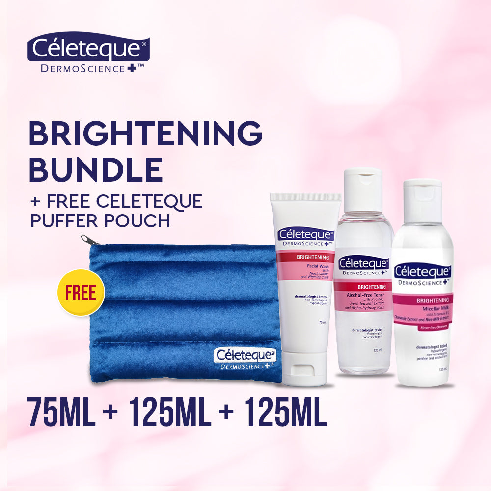 Celeteque Brightening Bundle (Brightening Facial Wash 75ml + Brightening Alcohol-Free Toner 125ml + Brightening Micellar Milk + FREE Celeteque Puffer Pouch)