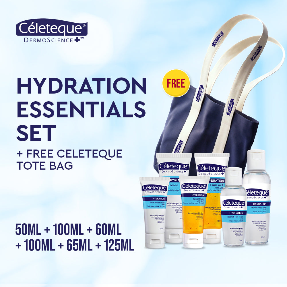 Celeteque Hydration Essentials Set (Hydration Facial Moisturizer 50ml & 100ml + Hydration Facial Wash 60ml & 100ml + Hydration Alcohol-Free Toner 65ml & 125ml + FREE Tote Bag)