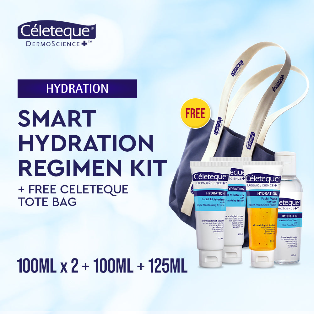 Celeteque Smart Hydration Regimen Kit (Celeteque Hydration Facial Moisturizer 100ml + Hydration Facial Wash 100ml + Hydration Alcohol-Free Toner 125ml + FREE Tote Bag)