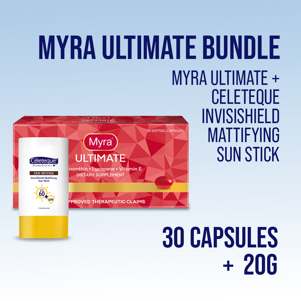 Myra Ultimate with Astaxanthin 30s Capsules + Celeteque Skin Defense InvisiShield Mattifying Sun Stick 20g