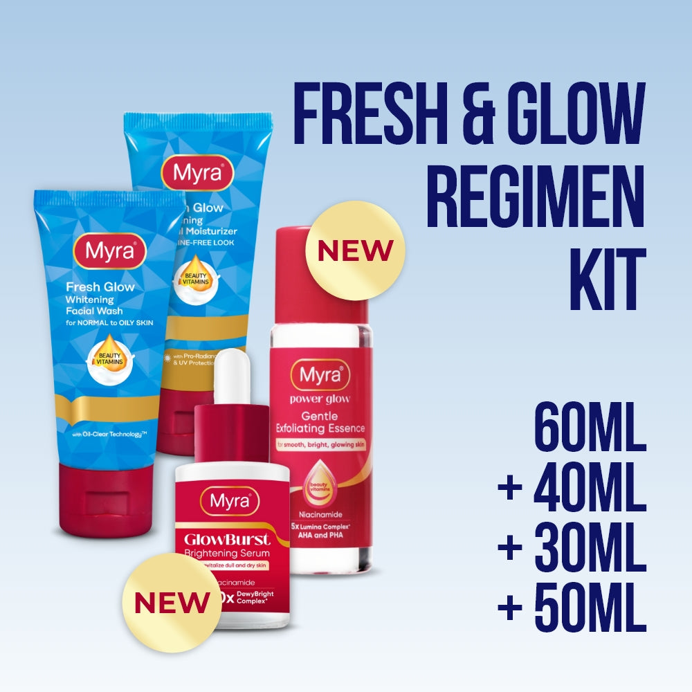 Myra Fresh & Glow Regimen Kit (Facial Wash + Facial Moisturizer + GlowBurst Brightening Serum 30ml + Power Glow Essence 60ml)