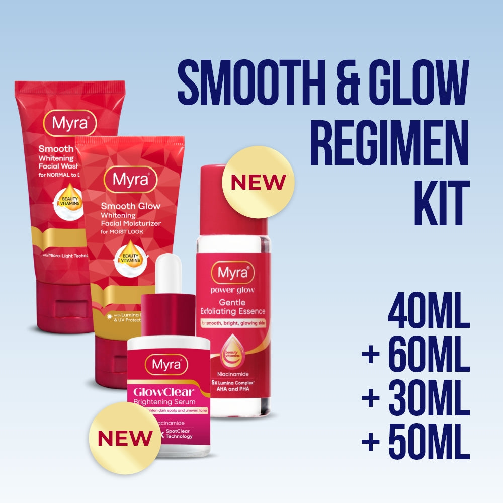 Myra Smooth & Glow Regimen Kit (Facial Wash + Facial Moisturizer + GlowClear Brightening Serum 30ml + Power Glow Essence 60ml)