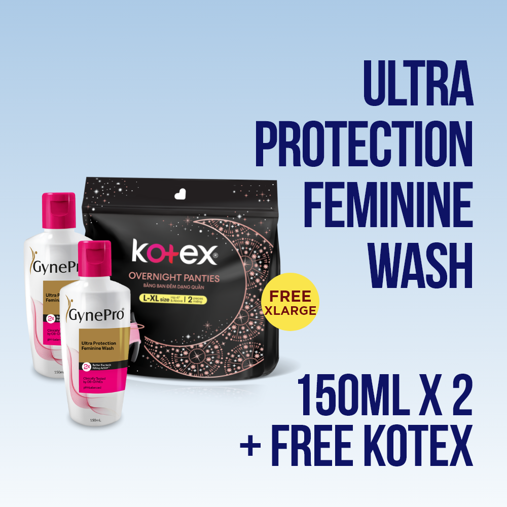 Kortex Skin Gynepro Ultra Protection Feminine Wash 150ml x 2 + FREE Kotex Overnigh ...