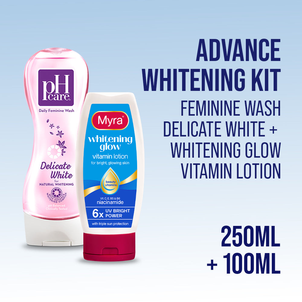Advance Whitening Kit (pH Care Daily Feminine Wash Delicate White 250ml + Myra Whitening Glow Vitamin Lotion 100ml)