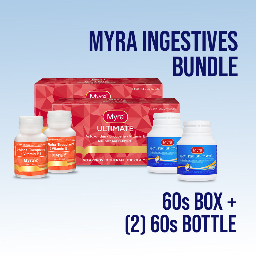Myra Ingestives Bundle (Myra E 400 I.U 60s Bottle + Myra Ultimate with Astaxanthin 60s Box + Myra Glow Radiance White with L-Glutathione 60s Bottle)