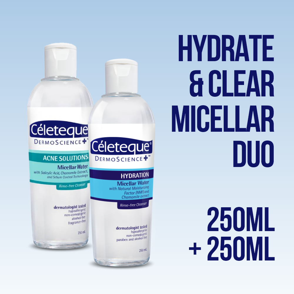 Céleteque® DermoScience™ Hydrate & Clear Micellar Duo (Hydration Micellar Water 250ml + Acne Solutions Micellar Water 250ml)