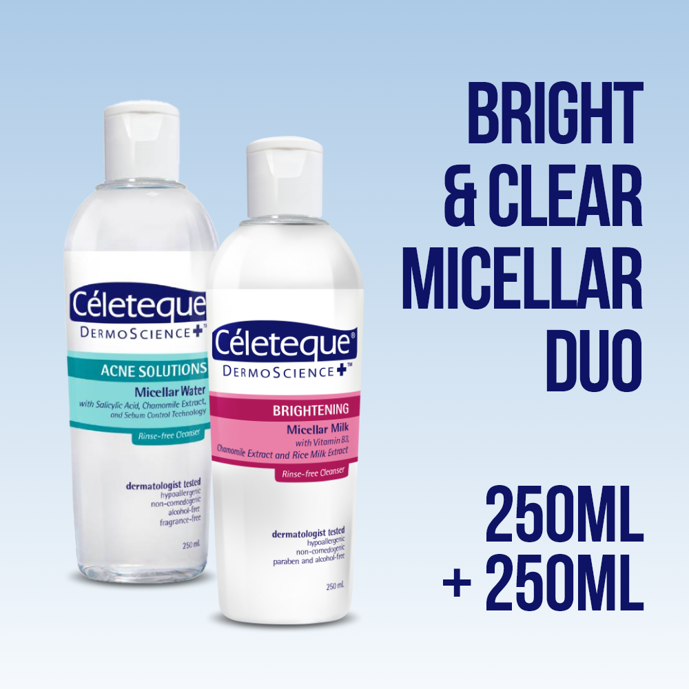 Céleteque® DermoScience™ Bright & Clear Micellar Duo (Brightening Micellar Milk 250ml + Acne Solutions Micellar Water 250ml)