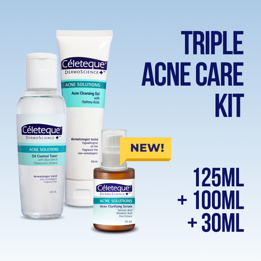 NEW Celeteque Triple Acne Care Kit (NEW Celeteque Acne Solutions Acne Clarifying Serum 30ml + Acne Solutions Cleansing Gel 100ml + Acne Solutions Oil Control Toner 125ml)