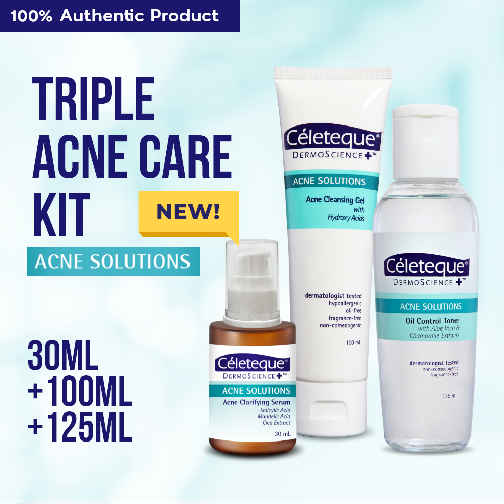 NEW Celeteque Triple Acne Care Kit (NEW Celeteque Acne Solutions Acne Clarifying Serum 30ml + Acne Solutions Cleansing Gel 100ml + Acne Solutions Oil Control Toner 125ml)
