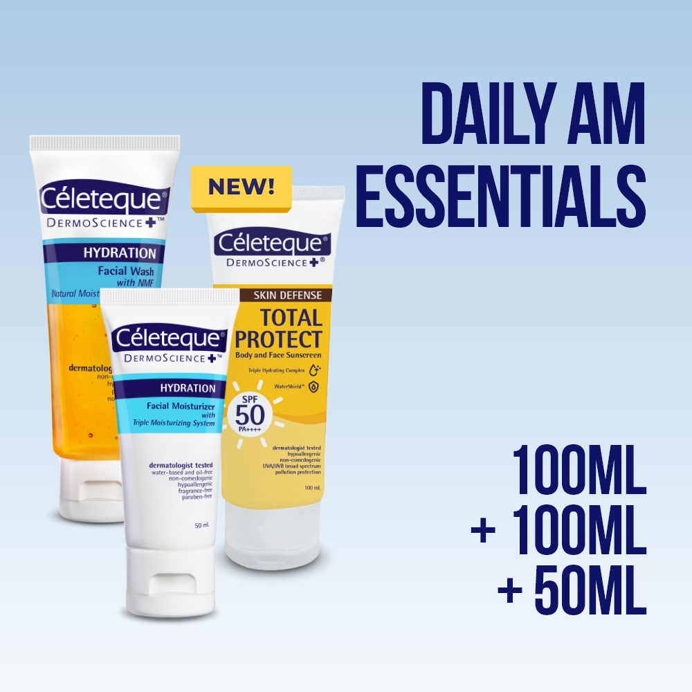 Celeteque Daily AM Essentials (Skin Defense Total Protect Body and Face Sunscreen 100ml + Hydration Facial Wash 100ml + Hydration Facial Moisturizer 50ml)