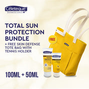 Celeteque Total Sun Protection Bundle (Skin Defense Total Protect Body and Face Sunscreen 100ml + Skin Defense Soft Matte Moisturizer SPF57 + FREE Skin Defense Tote Bag with Tennis Holder