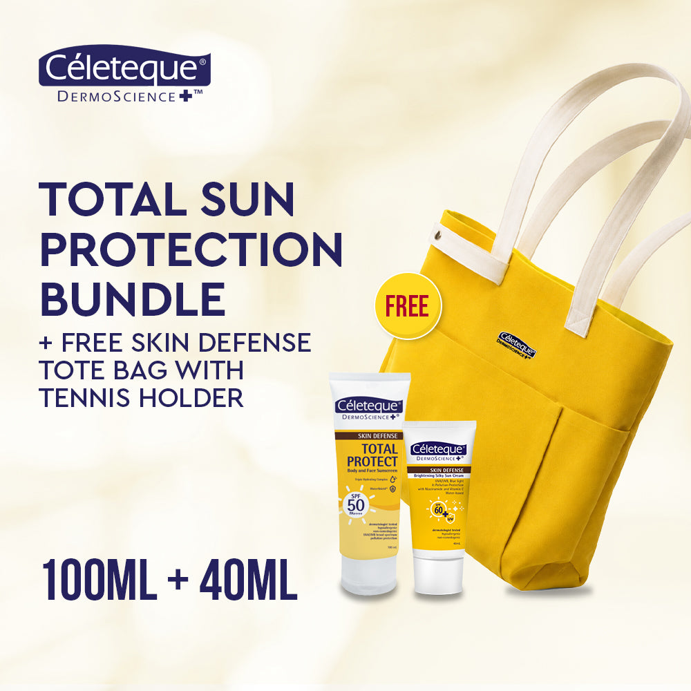 Celeteque Total Sun Protection Bundle (Skin Defense Total Protect Body and Face Sunscreen 100ml + Skin Defense Brightening Silky Sun Cream 40ml + FREE Skin Defense Tote Bag with Tennis Holder