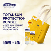 Celeteque Total Sun Protection Bundle (Skin Defense Total Protect Body and Face Sunscreen 100ml + Skin Defense Brightening Silky Sun Cream 40ml + FREE Skin Defense Tote Bag with Tennis Holder