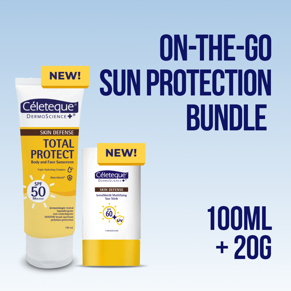 Celeteque On-the-go Sun Protection Bundle (Skin Defense Total Protect Body and Face Sunscreen 100ml + Skin Defense Invisishield Mattifying Sun Stick 20g)