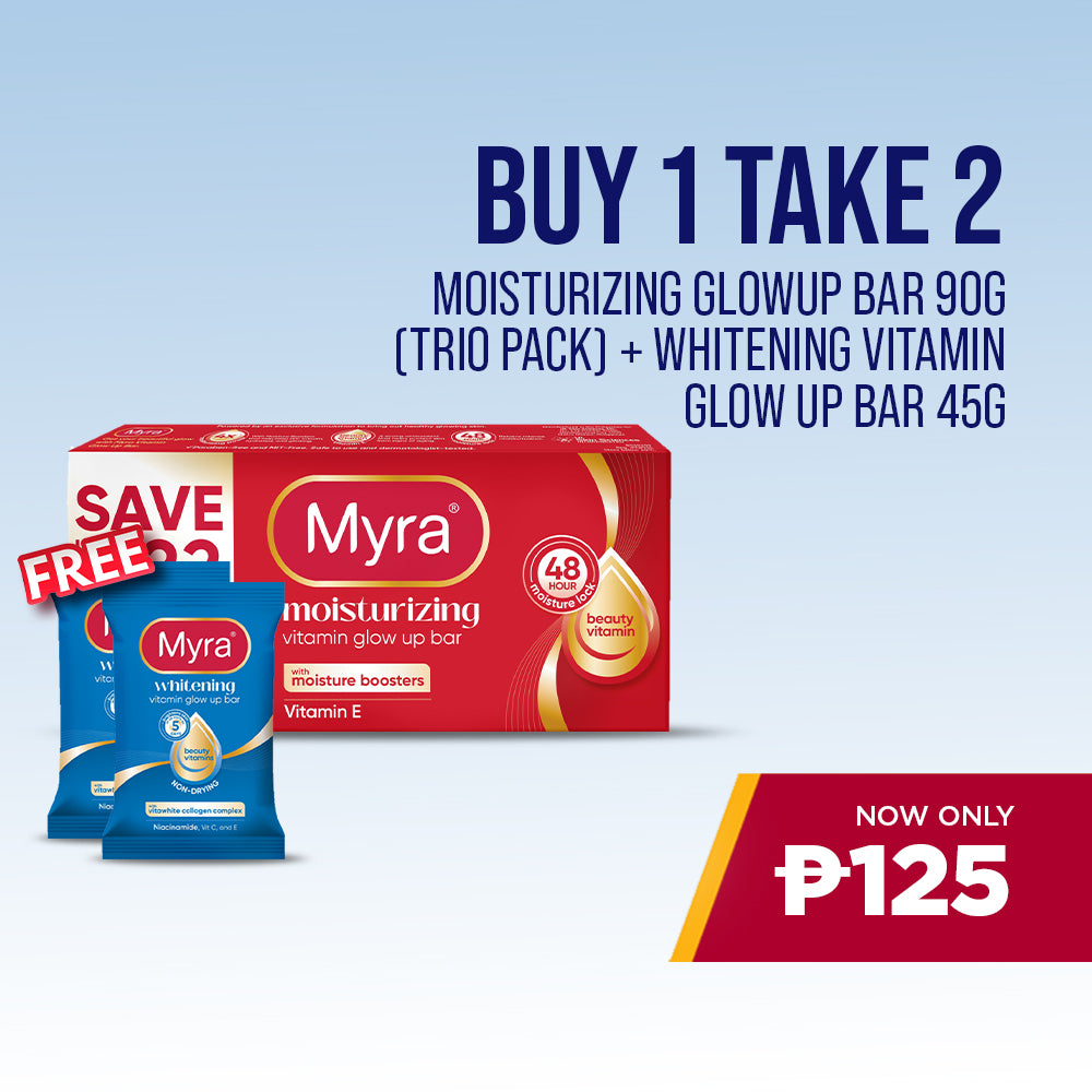 BUY 1 Myra Soap Moisturizing Vitamin Glow Up Bar 90g (Trio Pack), GET 2 FREE Myra Soap Whitening Vitamin Glow Up Bar 45g