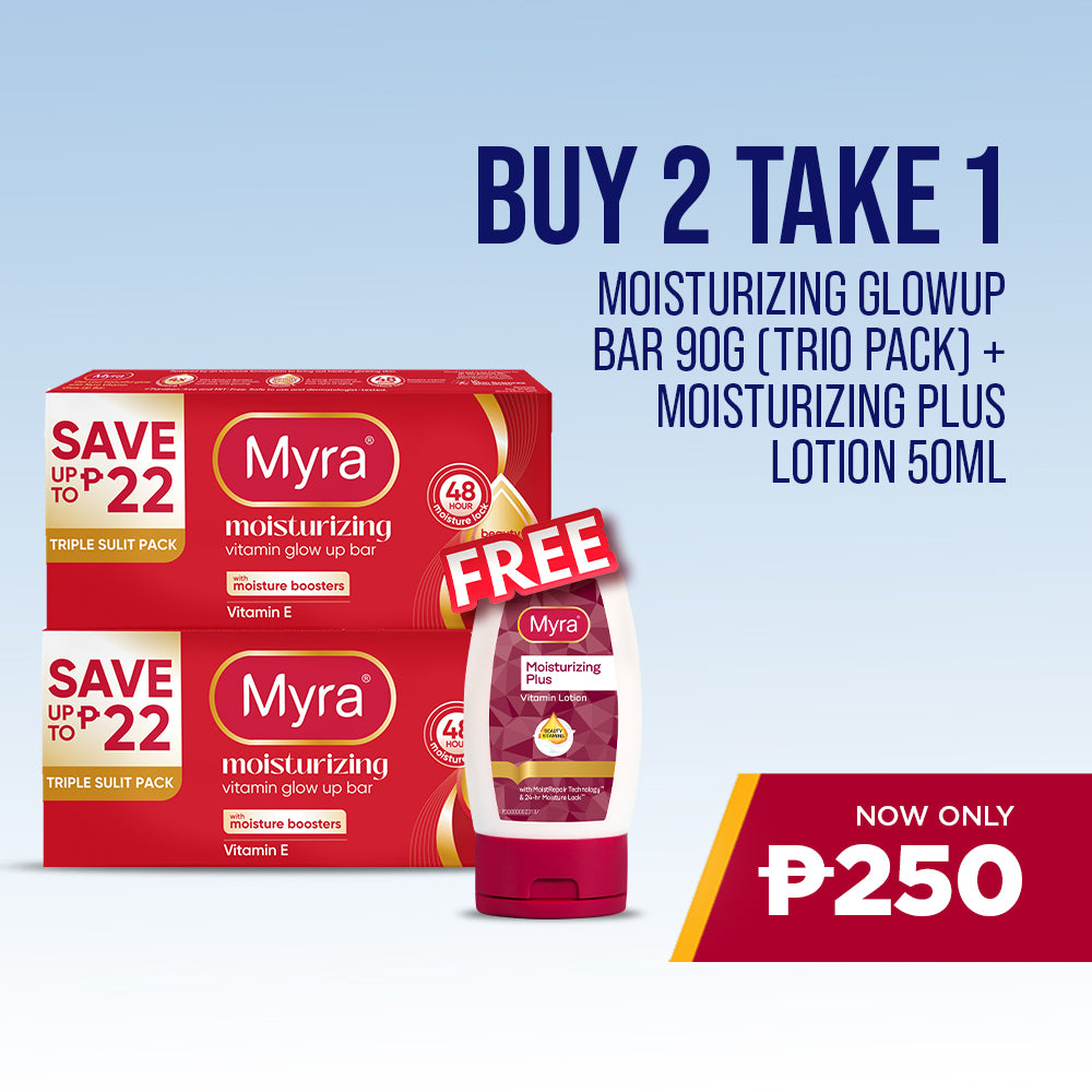 BUY 2 Myra Moisturizing Vitamin GlowUp Soap Bar 90 (Trio Pack), GET 1 FREE Myra Moisturizing Plus Vitamin Lotion 50ml