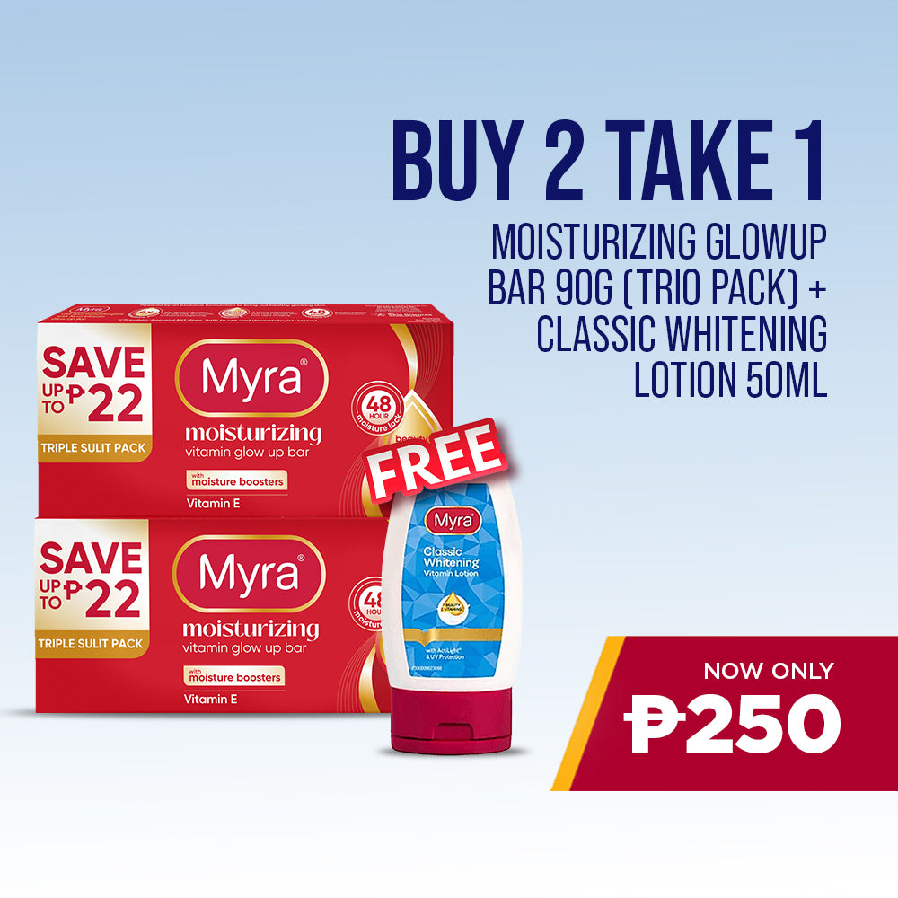 BUY 2 Myra Moisturizing Vitamin GlowUp Soap Bar 90 (Trio Pack), GET 1 FREE Myra Classic Whitening Vitamin Lotion 50ml