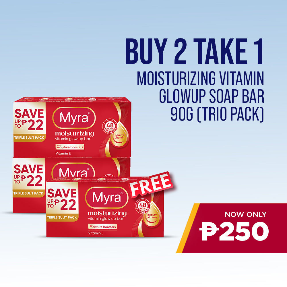 BUY 2 Myra Moisturizing Vitamin GlowUp Soap Bar 90 (Trio Pack), GET 1 FREE Myra Moisturizing Vitamin GlowUp Soap Bar 90 (Trio Pack)