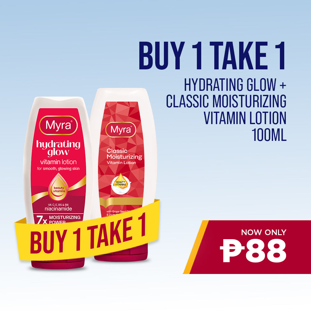BUY 1 Myra Hydrating Glow Vitamin Lotion 100ml, GET 1 FREE Myra Classic Moisturizing Vitamin Lotion