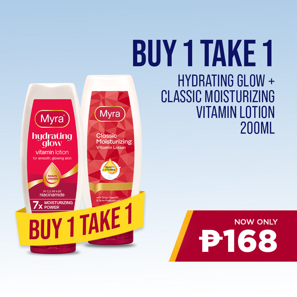 BUY 1 Myra Hydrating Glow Vitamin Lotion 200ml, GET 1 FREE Myra Classic Moisturizing Vitamin Lotion