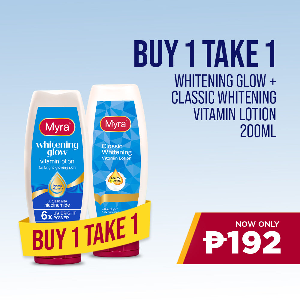 BUY 1 Myra Whitening Glow Vitamin Lotion 200ml, GET 1 FREE Myra Classic Whitening Vitamin Lotion 200ml