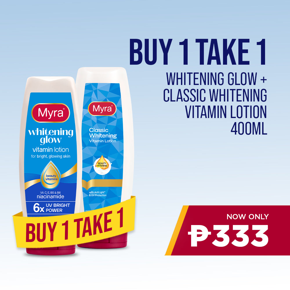 BUY 1 Myra Whitening Glow Vitamin Lotion 400ml, GET 1 FREE Myra Classic Whitening Vitamin Lotion 400ml