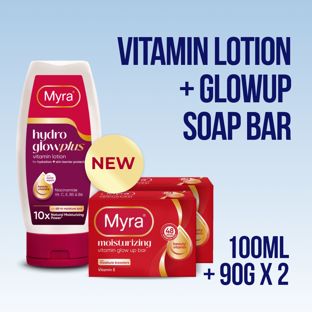 NEW Myra HydroGlow Plus Vitamin Lotion 100ml + Myra Moisturizing Vitamin GlowUp Soap Bar 90g (Bundle of 2)