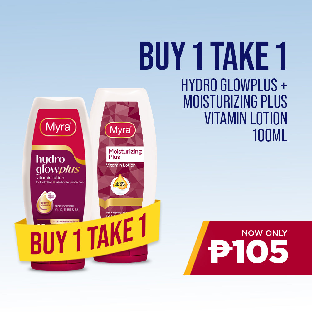 BUY 1 Myra HydroGlow Plus Vitamin Lotion 100ml, GET 1 FREE Myra Moisturizing Plus Vitamin Lotion 100ml