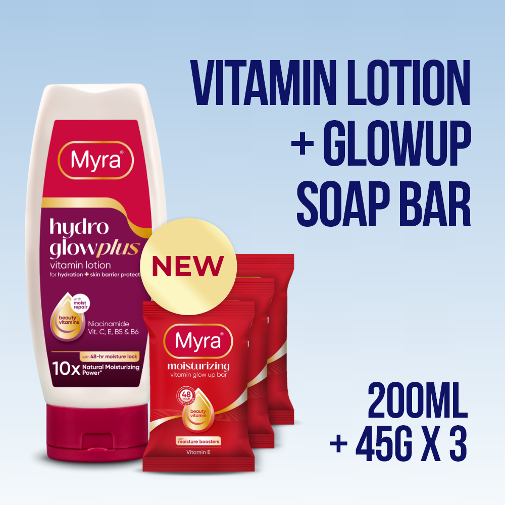 NEW Myra HydroGlow Plus Vitamin Lotion 200ml + Myra Moisturizing Vitamin GlowUp Soap Bar 45g (Bundle of 3)