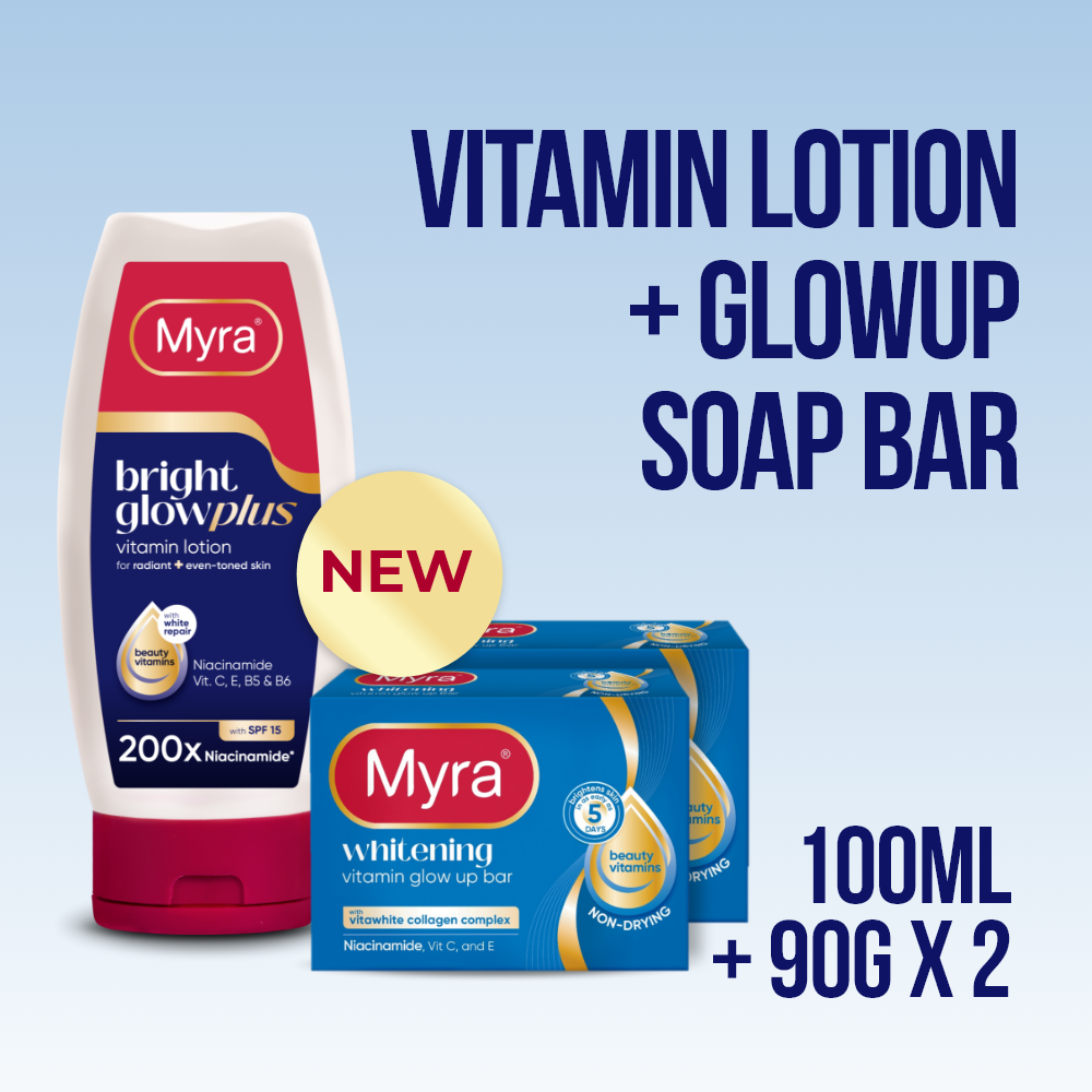 NEW Myra BrightGlow Plus Vitamin Lotion 100ml + Myra Whitening Vitamin GlowUp Soap Bar 90g (Bundle of 2)
