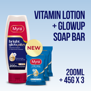 NEW Myra BrightGlow Plus Vitamin Lotion 200ml + Myra Whitening Vitamin GlowUp Soap Bar 45g (Bundle of 3)