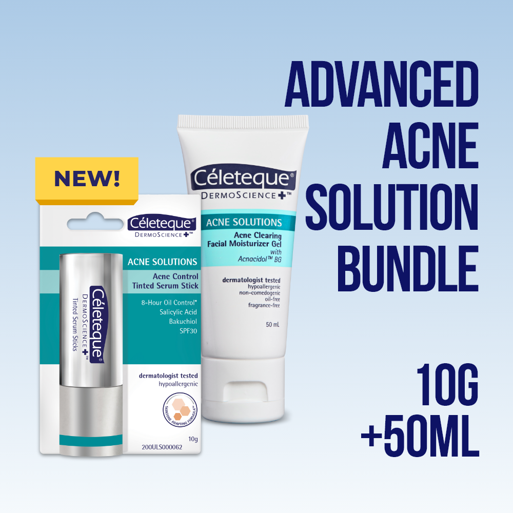 Celeteque Advanced Acne Solution Bundle (Acne Control Tinted Serum Stick SPF 30 + Acne Solutions Acne Clearing Facial Moisturizer Gel 50ml)
