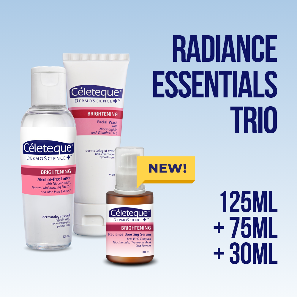 Celeteque Radiance Essentials Trio (Brightening Radiance Boosting Serum 30ml + Brightening Facial Wash 75ml + Brightening Alcohol-free Toner 125ml)