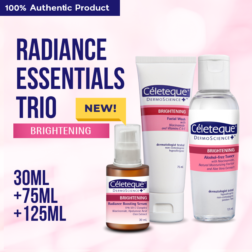 Celeteque Radiance Essentials Trio (Brightening Radiance Boosting Serum 30ml + Brightening Facial Wash 75ml + Brightening Alcohol-free Toner 125ml)