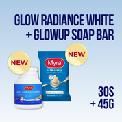 NEW Myra Glow Radiance White with L-Glutathione 30s + Myra Whitening Vitamin GlowUp Soap Bar 45g