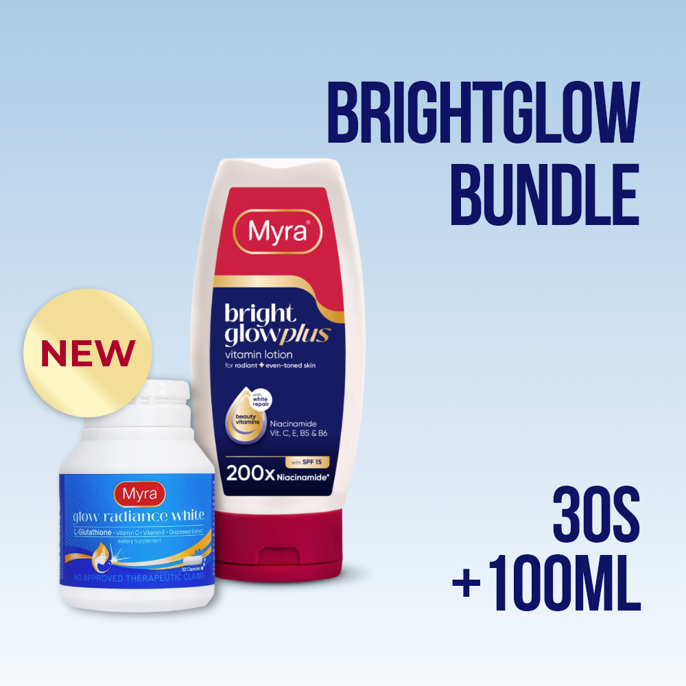 NEW Myra BrightGlow Bundle (NEW Myra Glow Radiance White with L-Glutathione 30s + Myra BrightGlow Vitamin Lotion 100ml)