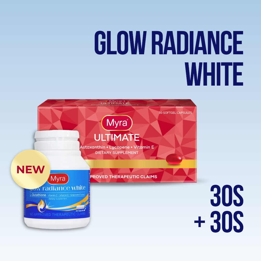 Myra Glow Radiance White with L-Glutathione 30s Bottle + Myra Ultimate with Astaxanthin 30s Bundle