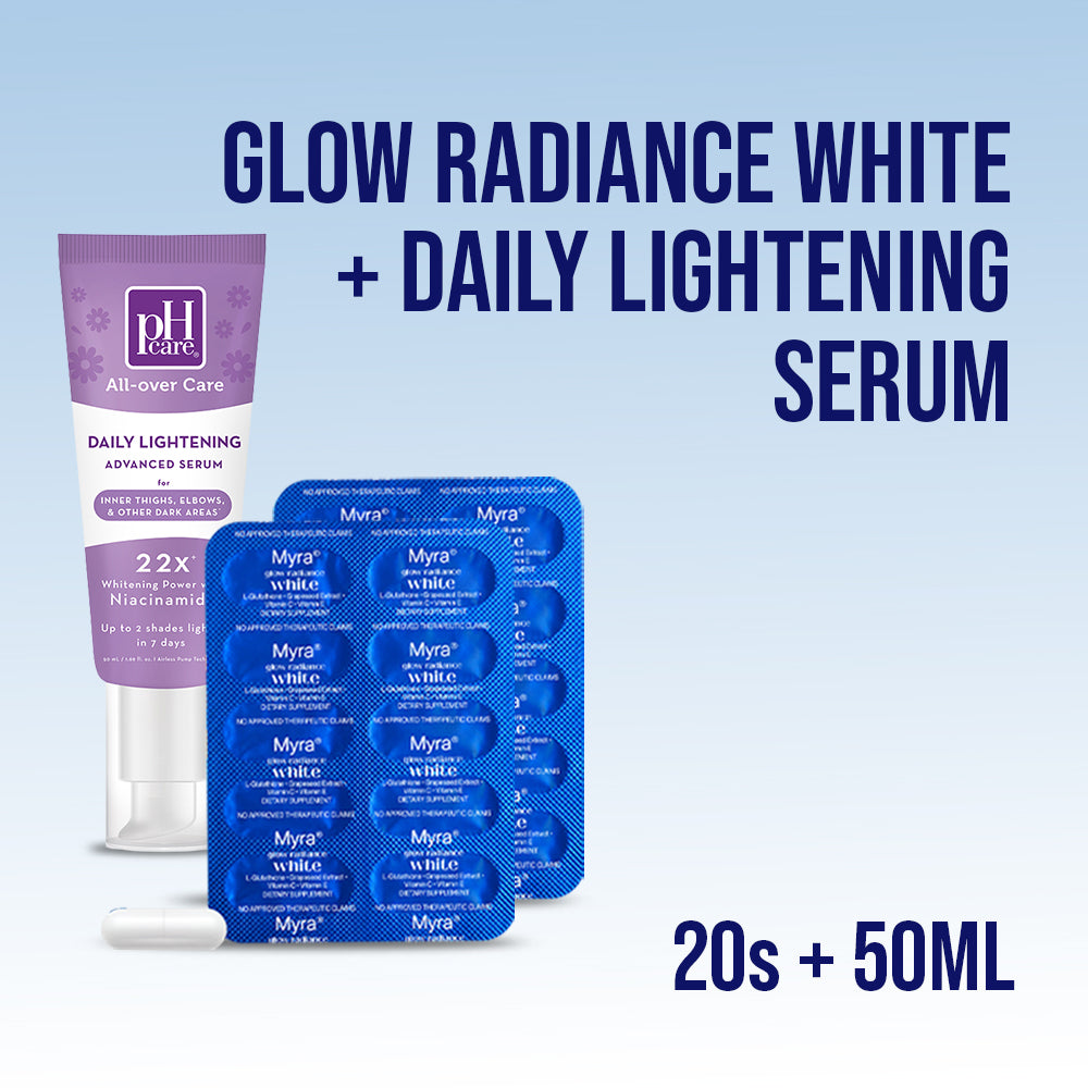 Myra Glow Radiance White with L-Glutathione 20s + pH Care All-Over Daily Lightening Advanced Serum with Niacinamide 50ml