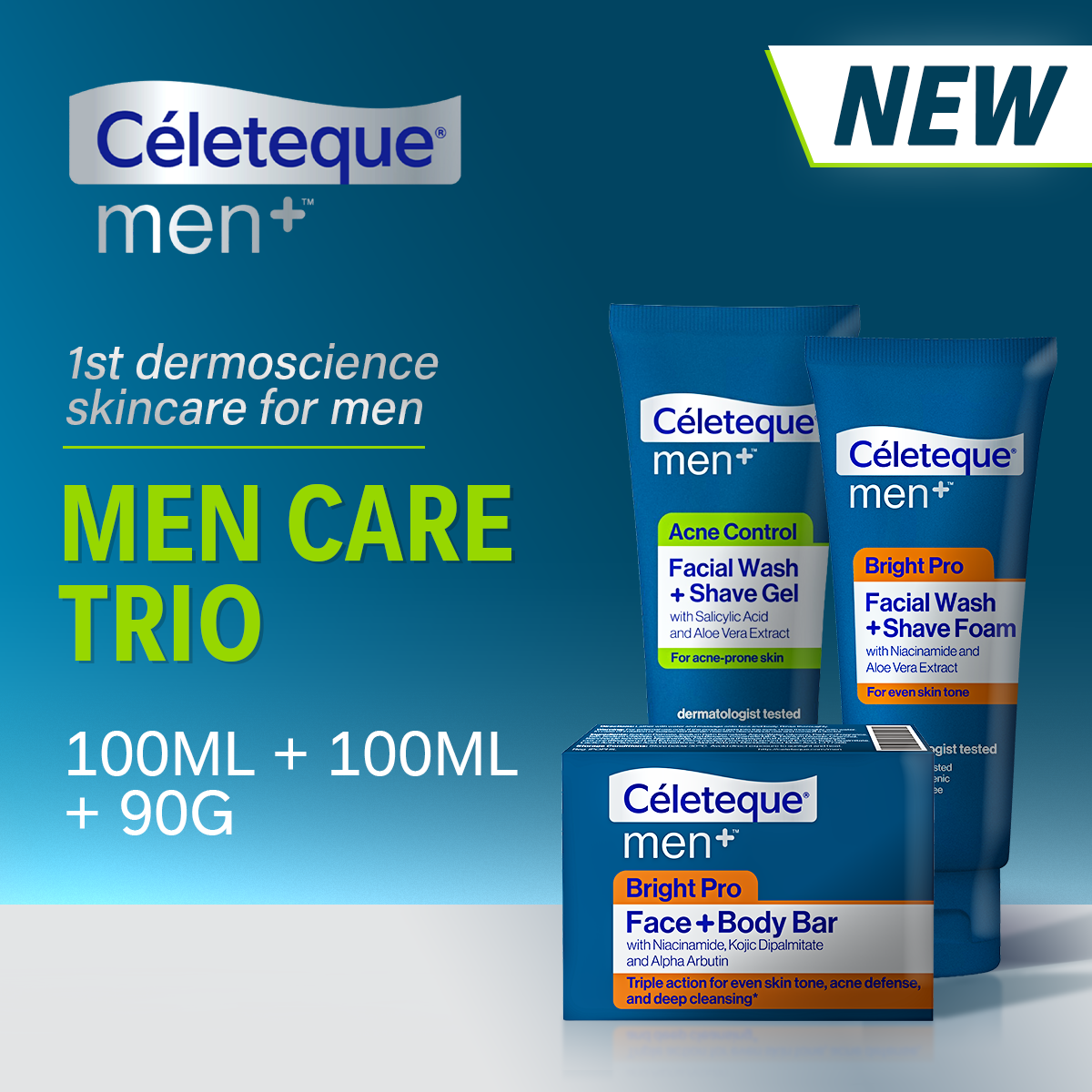 Celeteque Men Care Trio (Acne Control Facial Wash + Shave Gel 100ml & Brightening Facial Wash + Shave Foam 100ml & Face + Body Bar Soap )