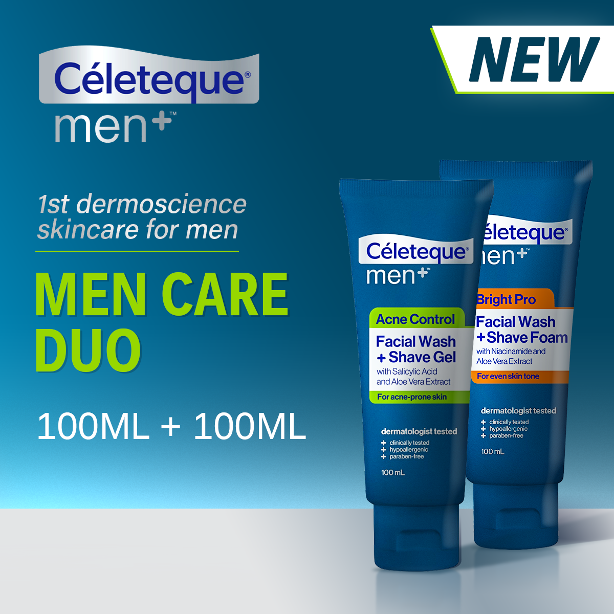 Celeteque Men Care Duo (Acne Control Facial Wash + Shave Gel 100ml & Brightening Facial Wash + Shave Foam 100ml)
