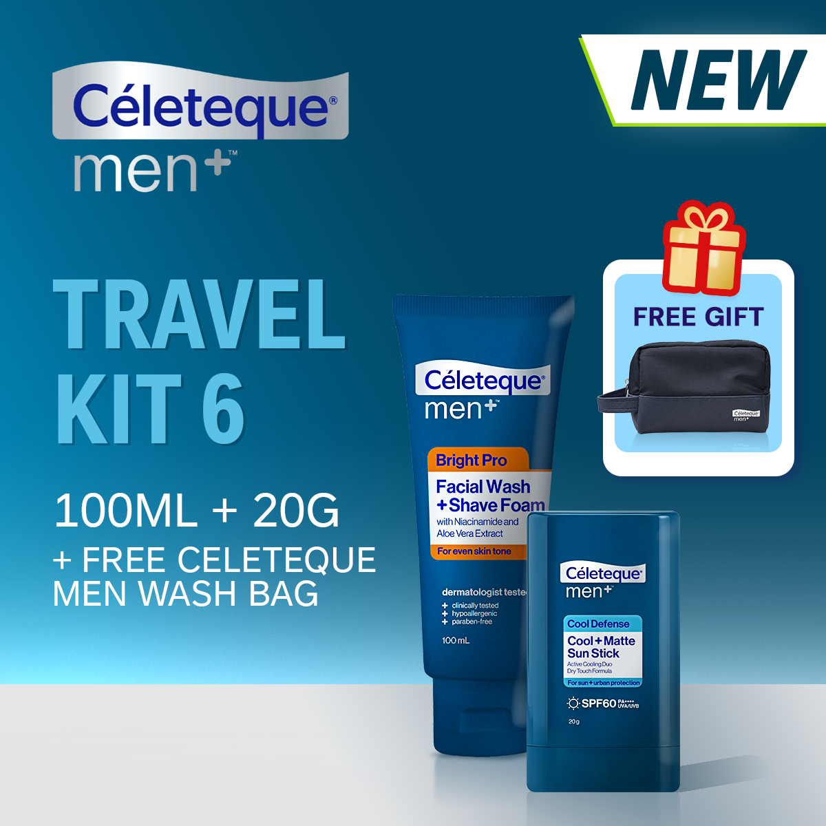 Celeteque Men Travel Kit 6 Brightening Wash & Shave Foam, Sun Stick + FREE Wash Bag