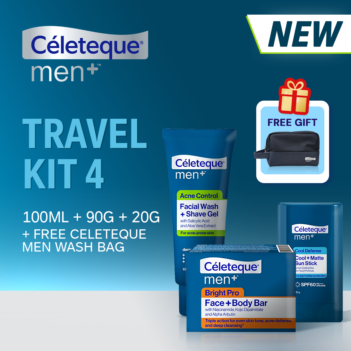 Celeteque Men Travel Kit 4 (NEW Celeteque Men Acne Control Facial Wash & Shave Foam 100ml + Celeteque Men Face & Body Bar Soap + Celeteque Men Cool & Matte Sun Stick 20g + FREE Celeteque Men Wash Bag)