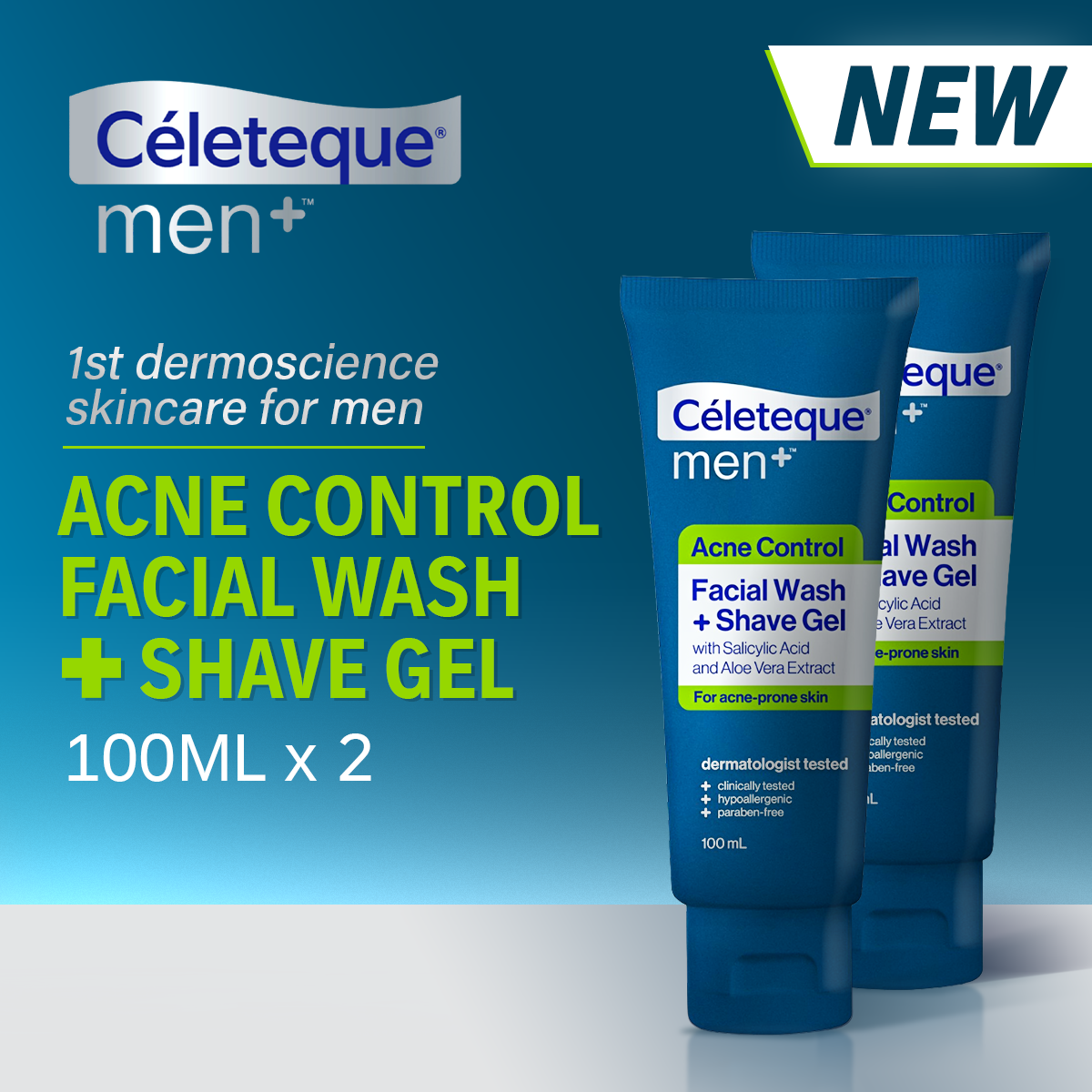 NEW Celeteque Men Acne Control Facial Wash + Shave Gel 100ml - Set of 2
