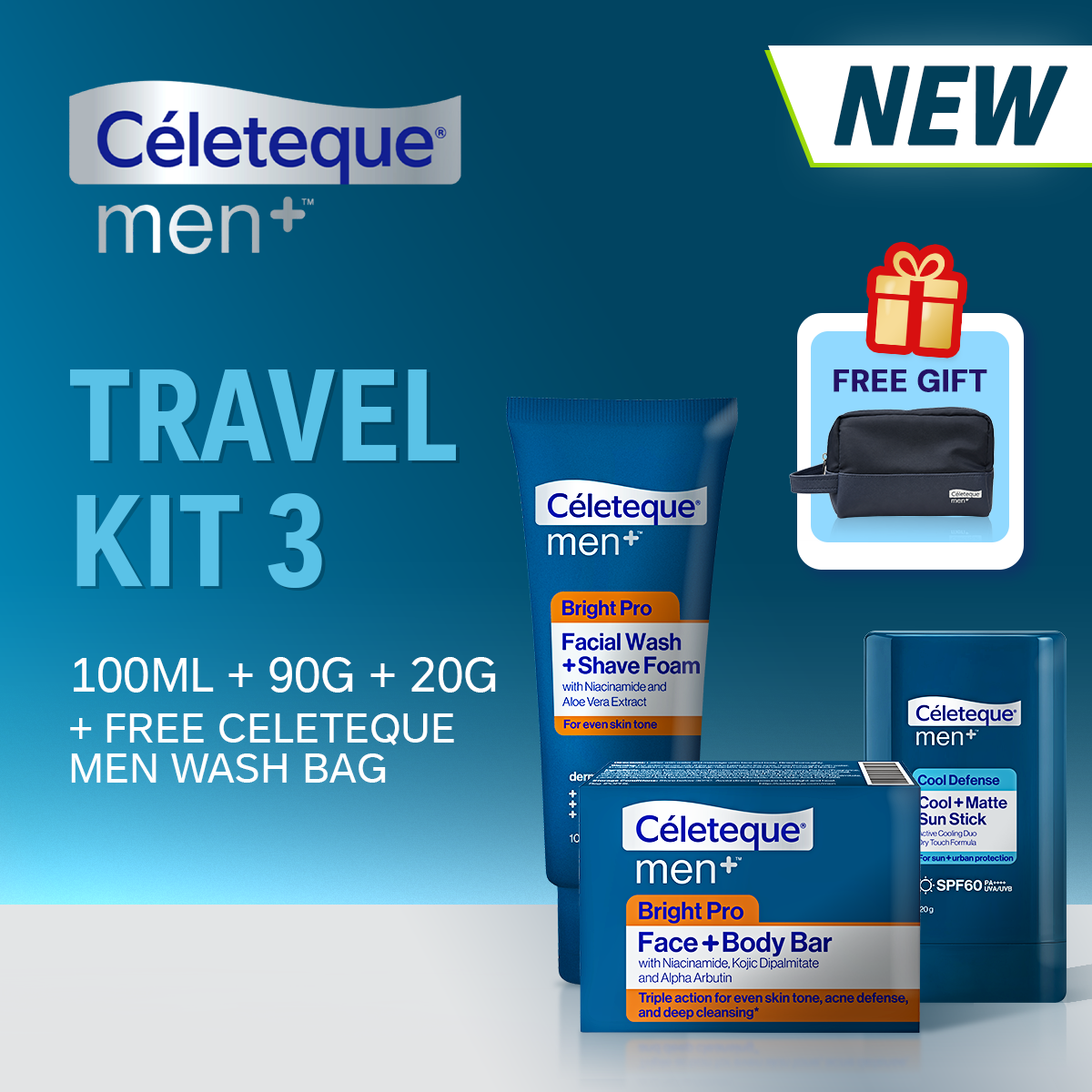 Celeteque Men Travel Kit 3 (NEW Celeteque Men Brightening Facial Wash & Shave Foam 100ml + Celeteque Men Face & Body Bar Soap + Celeteque  Men Cool & Matte Sun Stick 20g + FREE Celeteque Men Wash Bag)