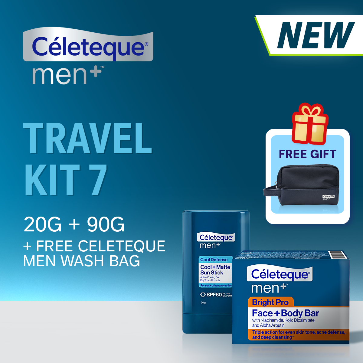 Celeteque Men Travel Kit 7 (NEW Celeteque Men Face & Body Bar Soap + Celeteque Men Cool & Matte Sun Stick 20g + FREE Celeteque Men Wash Bag)