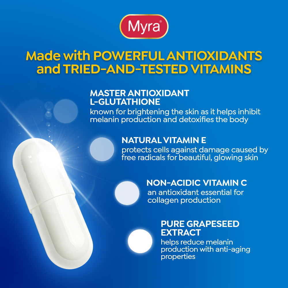 Myra Glow Radiance White with L-Glutathione 30s Bottle + Myra E 400 I.U. 30s Bottle Bundle