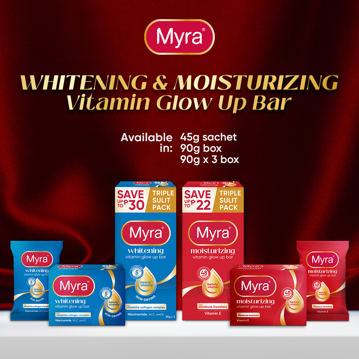 NEW Myra Glow Radiance White with L-Glutathione 30s + Myra Whitening Vitamin GlowUp Soap Bar 45g